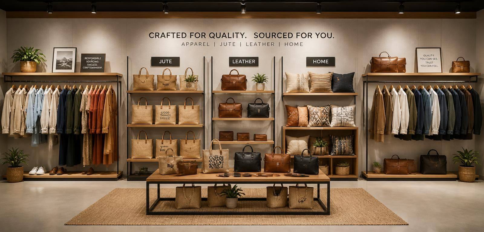 Showroom wall displaying apparel, jute bags, leather goods and cushions