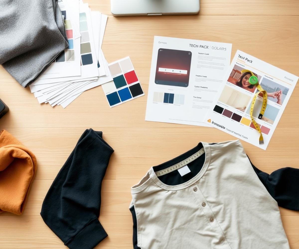 Product development desk with fabric swatches and sketches in the Dhaka office