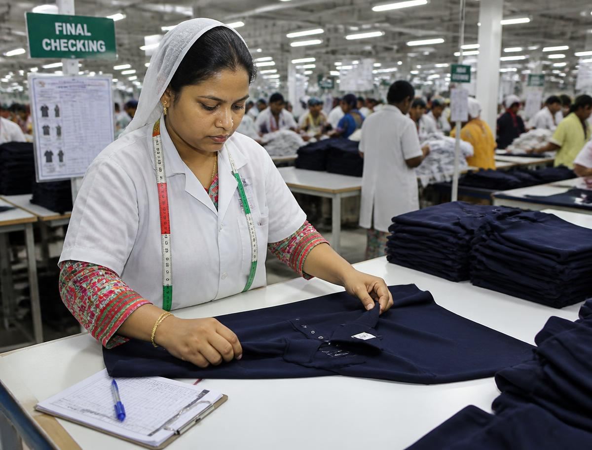 Final quality checking in an export-oriented garment factory in Bangladesh