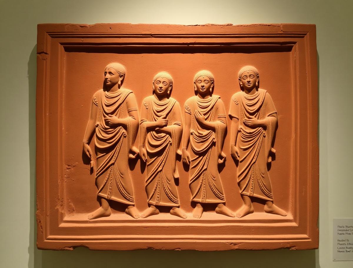 Ancient Bengal terracotta relief showing figures in draped, unstitched cotton garments