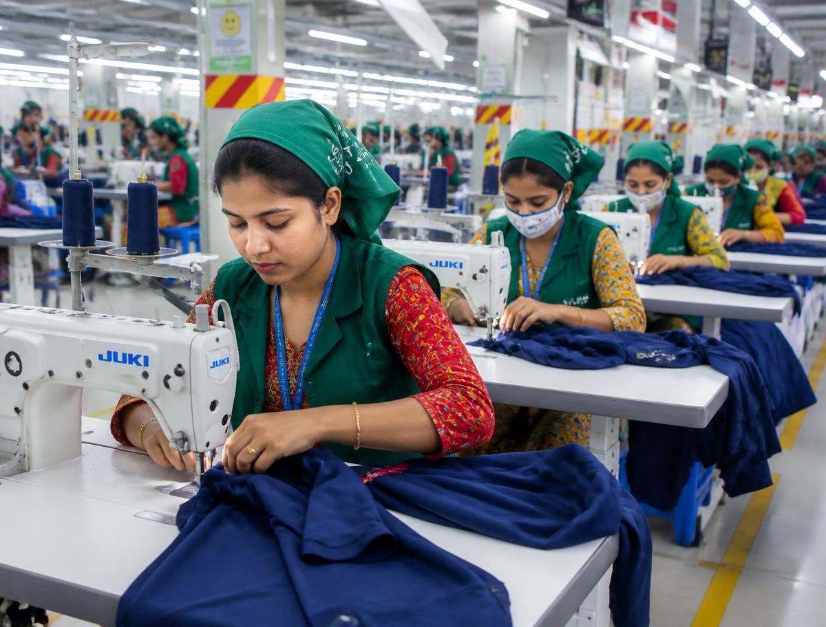 Workers on a garment production line in Bangladesh